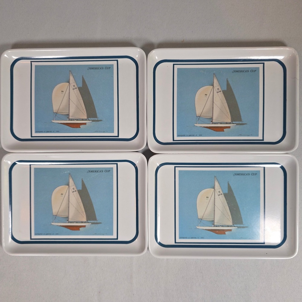 INDIANA GLASS Vintage 1970 Americas Cup Intrepid Gretel II Trays Set 4 Nautical